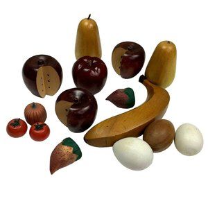 Wooden Fruit Decorative Display Bowl Arrangement Banana Apples Pear Eggs 15 pc